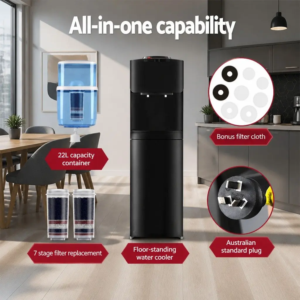 Water Dispenser Metal Plastic 22L Black Top Loading Dual Tap Hot Cold