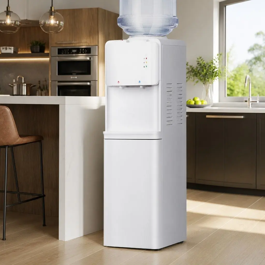 Water Dispenser Top Loading Metal Plastic White 27cm x 30cm x 86.5cm Hot Cold Dual Taps
