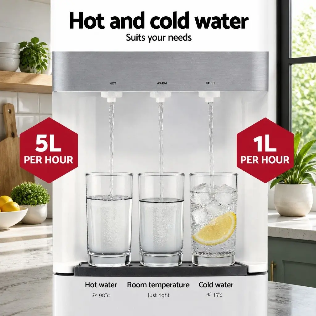 Water Dispenser Stainless Steel 31 x 35 x 104 cm White Bottom Loading 3 Taps Hot Cold Normal Temperature