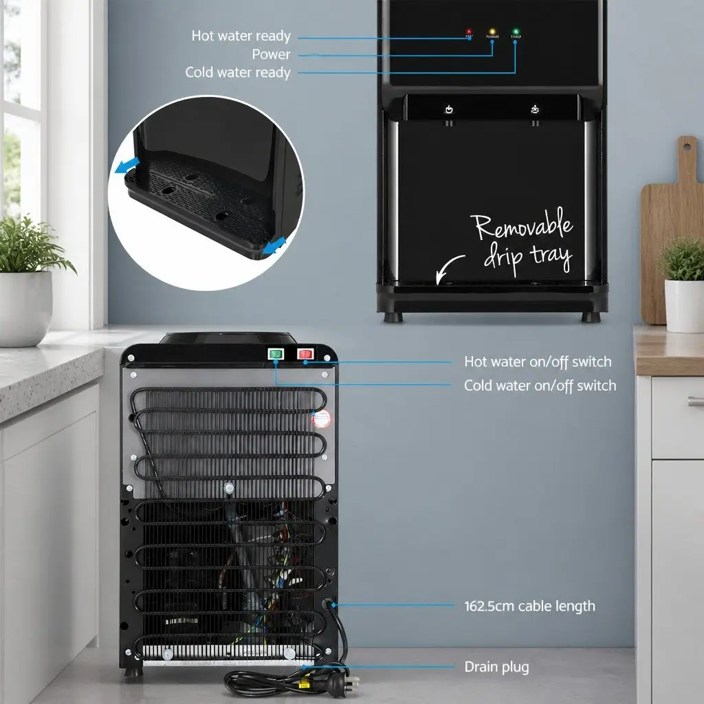 Water Dispenser Plastic Stainless Steel Bench Top Black Hot Cold