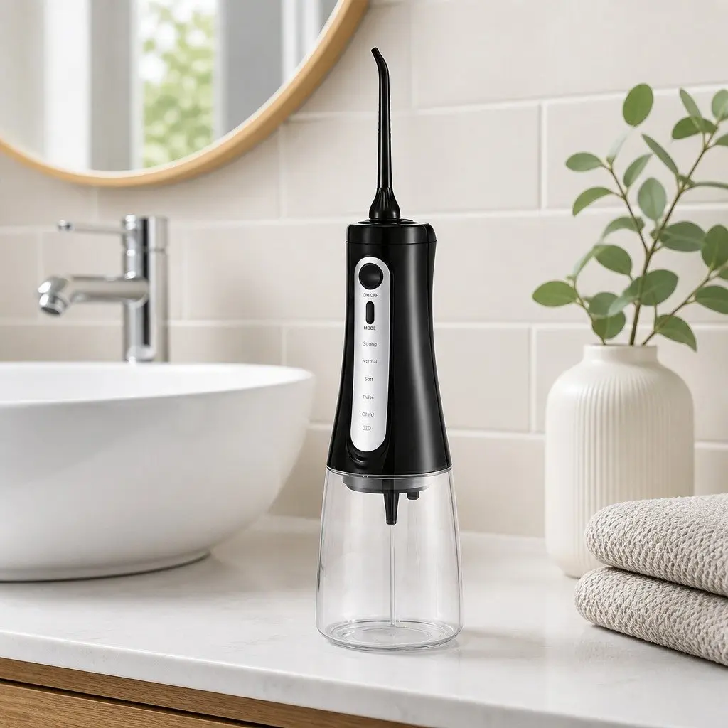 Water Flosser Cordless Oral Irrigator Black 350ml 5 Modes Rechargeable with 8 Nozzles
