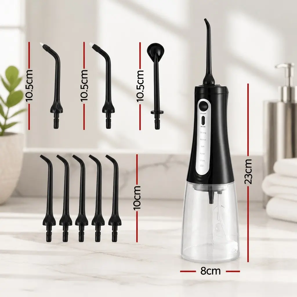 Water Flosser Cordless Oral Irrigator Black 350ml 5 Modes Rechargeable with 8 Nozzles