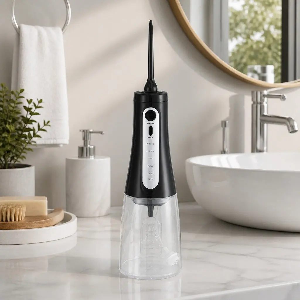 Water Flosser Cordless Oral Irrigator Black 350ml 5 Modes Rechargeable with 8 Nozzles