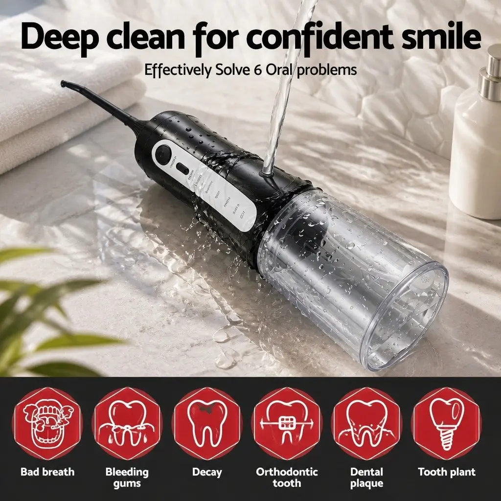Water Flosser Cordless Oral Irrigator Black 350ml 5 Modes Rechargeable with 8 Nozzles