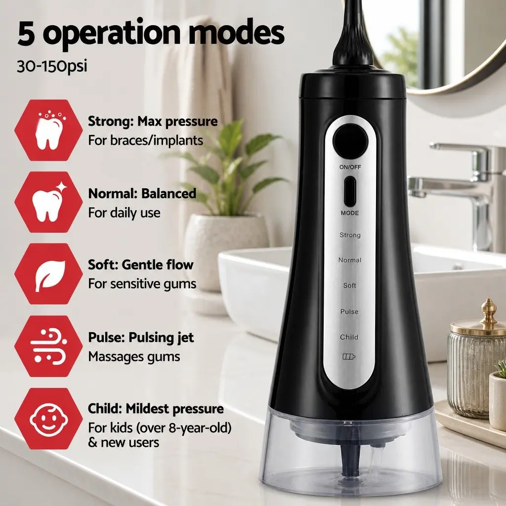 Water Flosser Cordless Oral Irrigator Black 350ml 5 Modes Rechargeable with 8 Nozzles