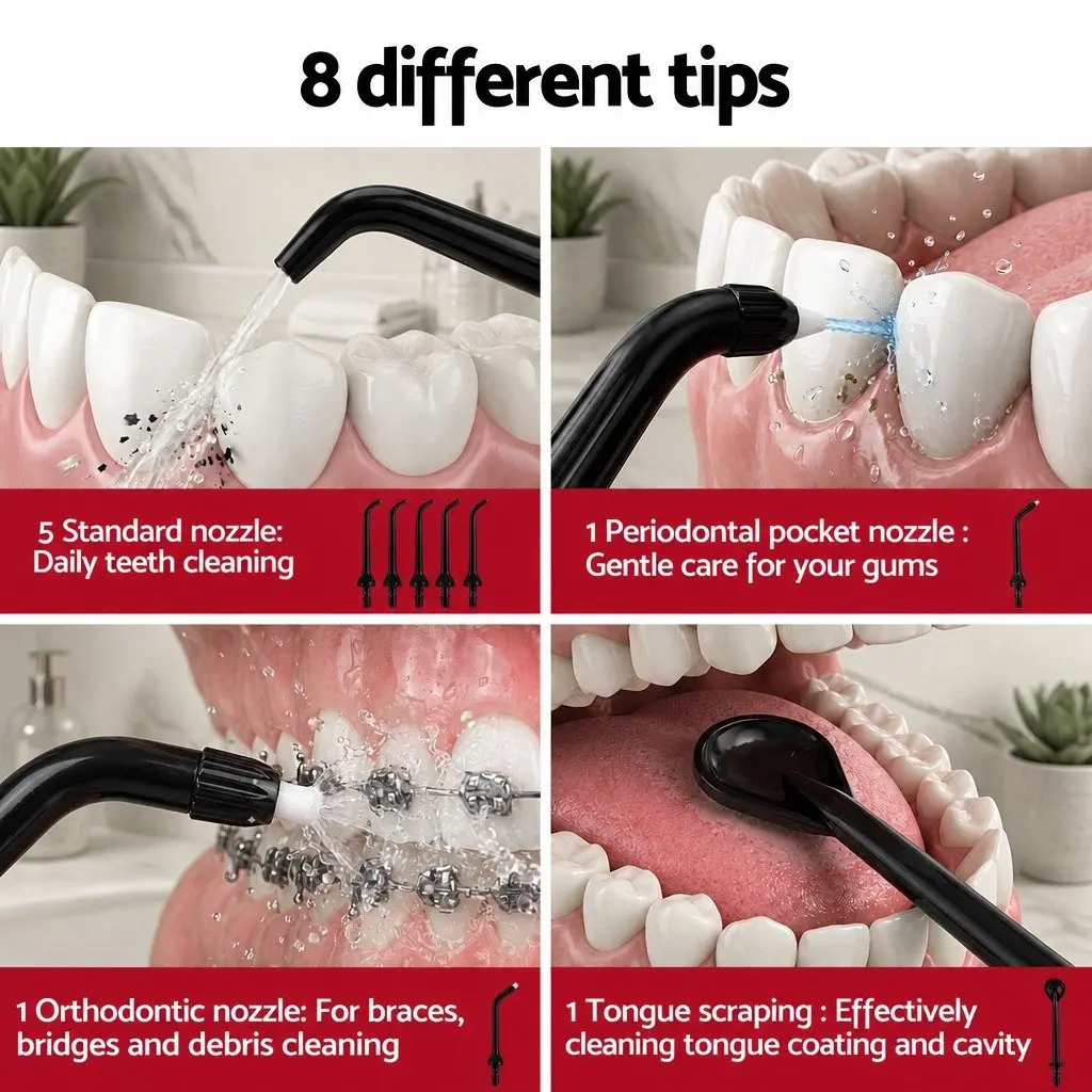 Water Flosser Cordless Oral Irrigator Black 350ml 5 Modes Rechargeable with 8 Nozzles