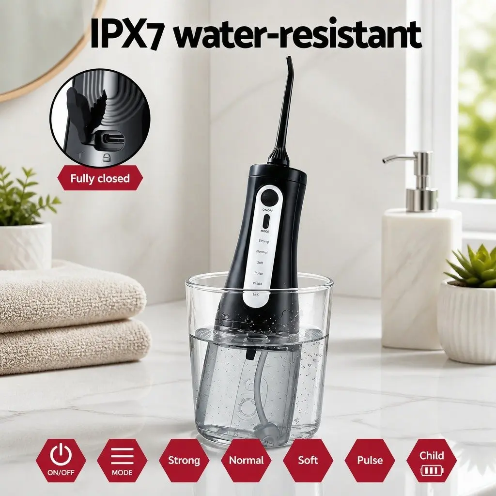 Water Flosser Cordless Oral Irrigator Black 350ml 5 Modes Rechargeable with 8 Nozzles