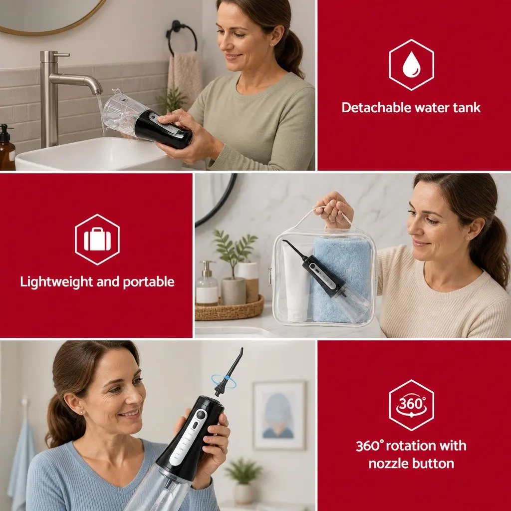 Water Flosser Cordless Oral Irrigator Black 350ml 5 Modes Rechargeable with 8 Nozzles
