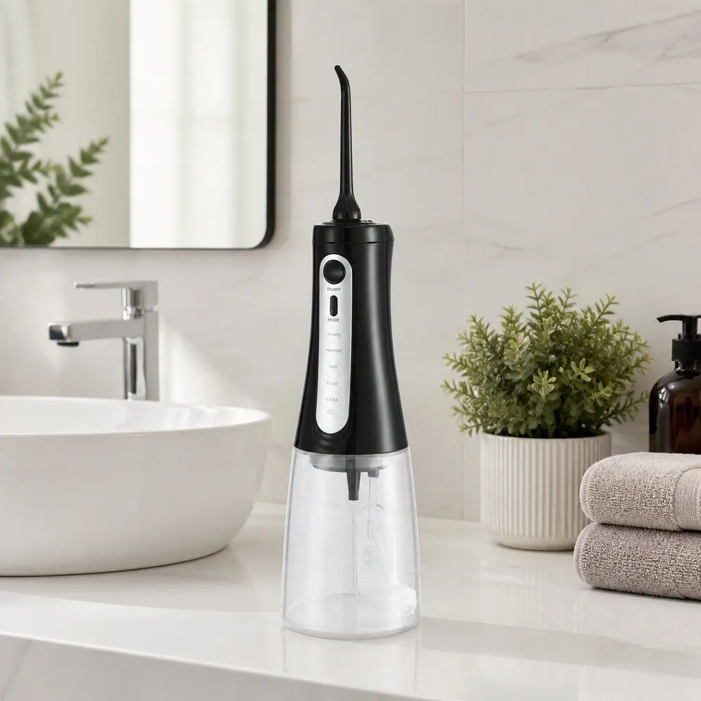 Water Flosser Cordless Oral Irrigator Black 350ml 5 Modes Rechargeable with 8 Nozzles