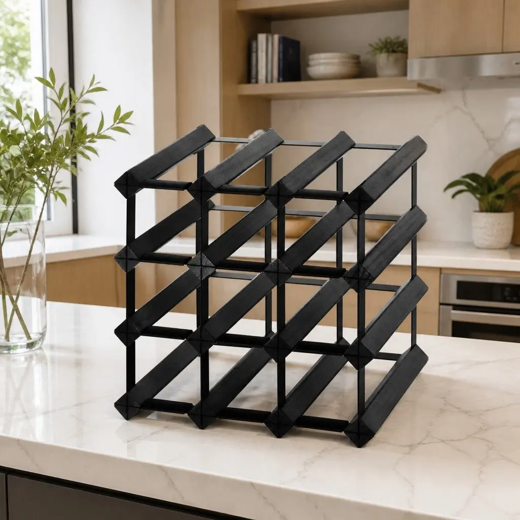 Black Timber 12 Bottle Wine Rack for Storage