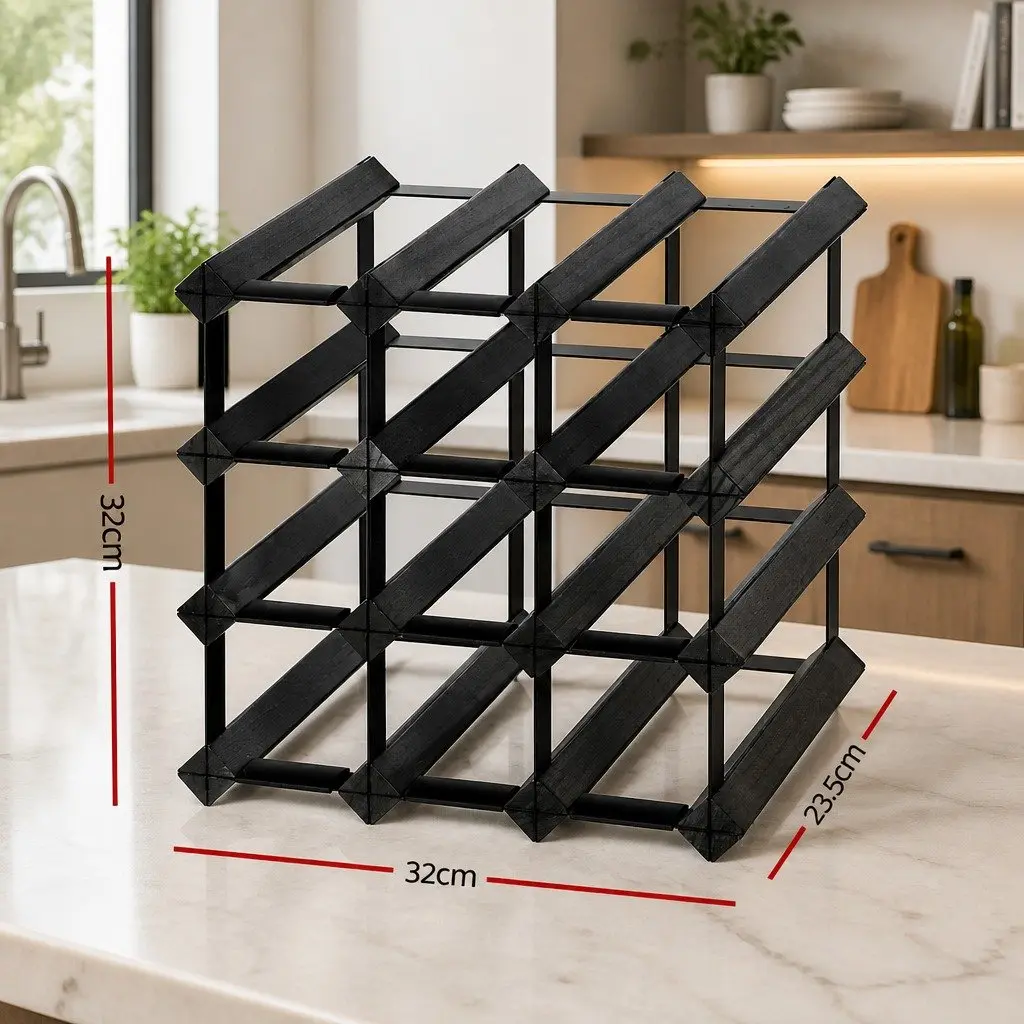 Wine Rack Pine Wood and Steel 12 Bottle Black Storage Display Stand