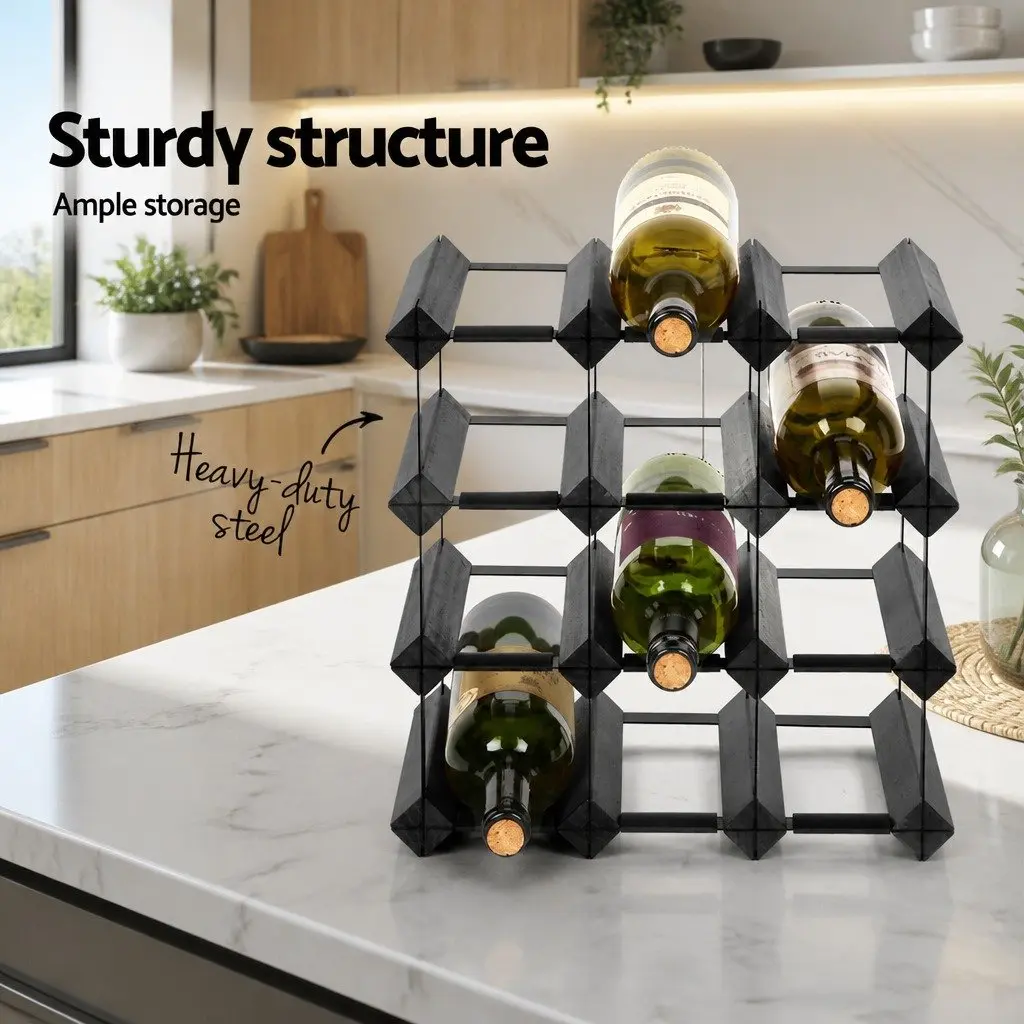 Wine Rack Pine Wood and Steel 12 Bottle Black Storage Display Stand