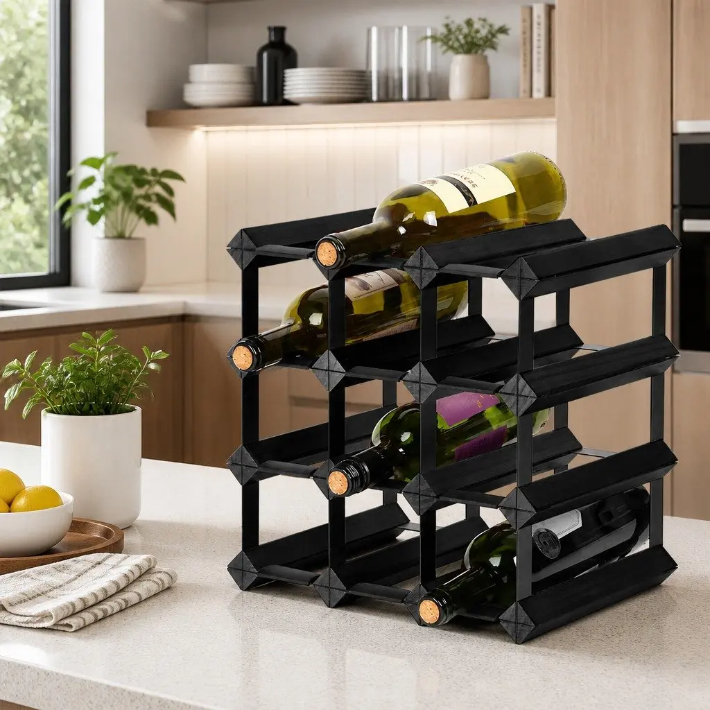 Wine Rack Pine Wood and Steel 12 Bottle Black Storage Display Stand