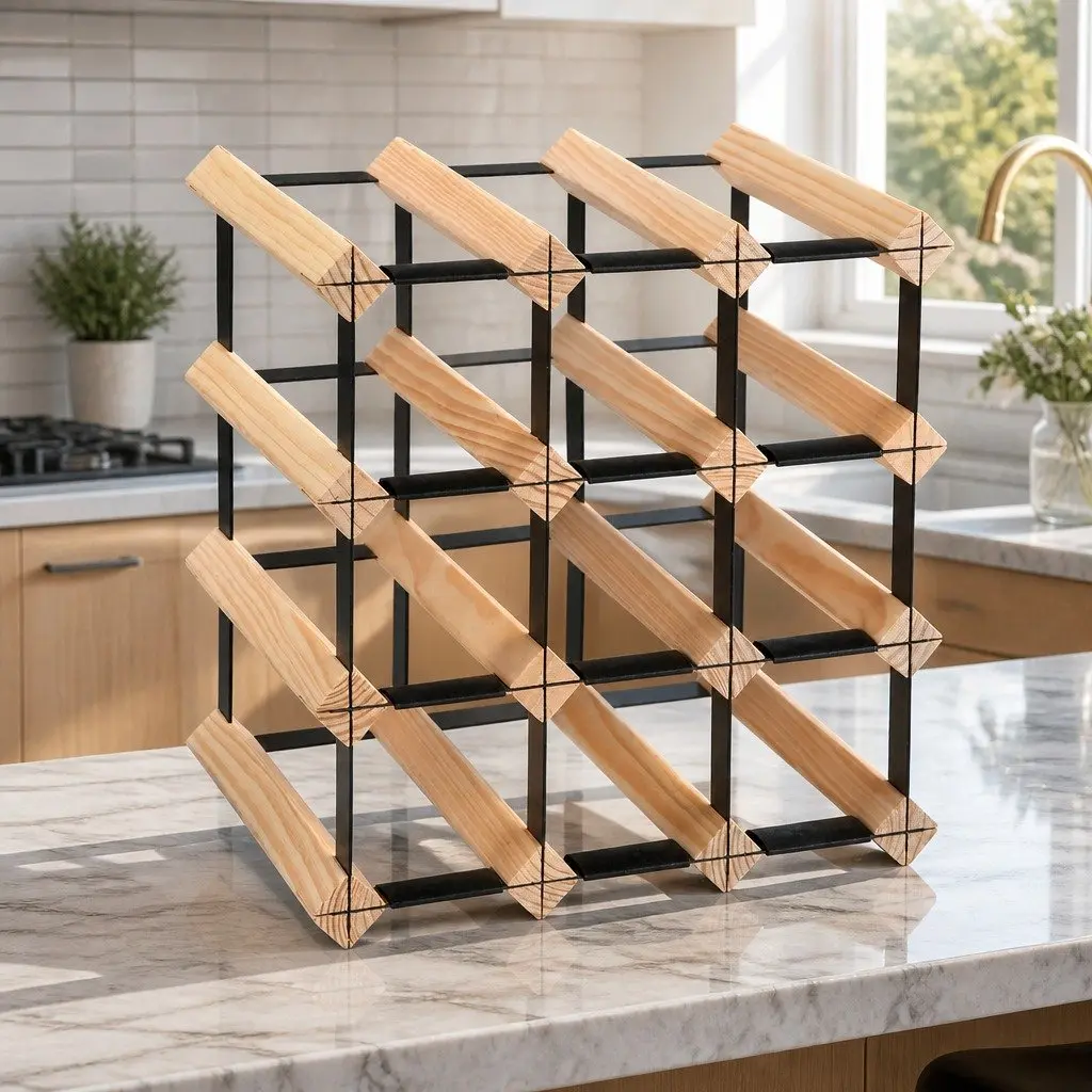 12 Bottle Pine Wood and Steel Wine Rack