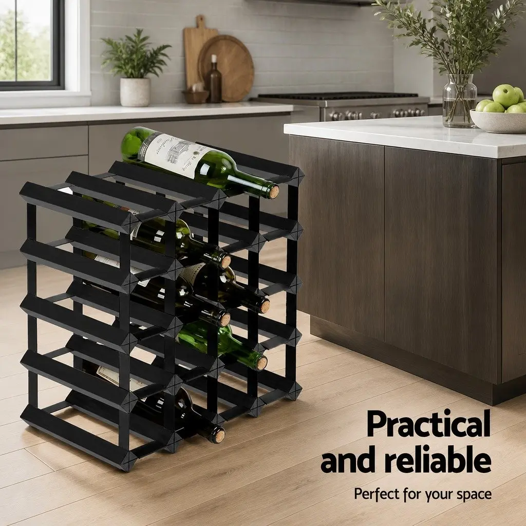 Wine Rack Pine Wood and Steel 42cm x 42cm x 23.5cm Black 20 Bottle Storage Display Holder for Home Bar Cellar