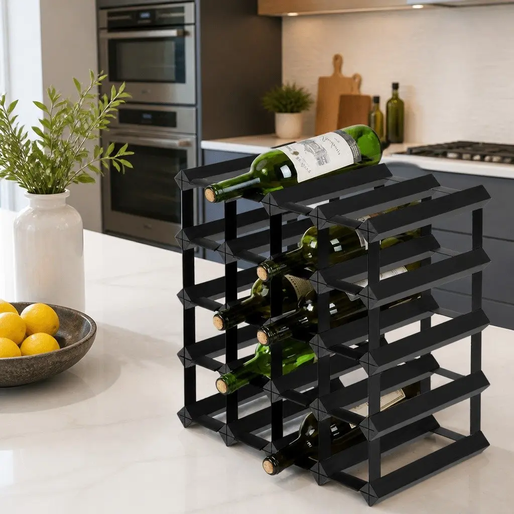 Wine Rack Pine Wood and Steel 42cm x 42cm x 23.5cm Black 20 Bottle Storage Display Holder for Home Bar Cellar