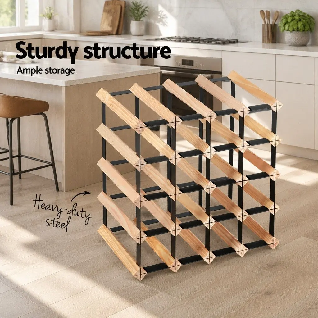 Wine Rack Pine Wood Steel Frame 20 Bottle Natural