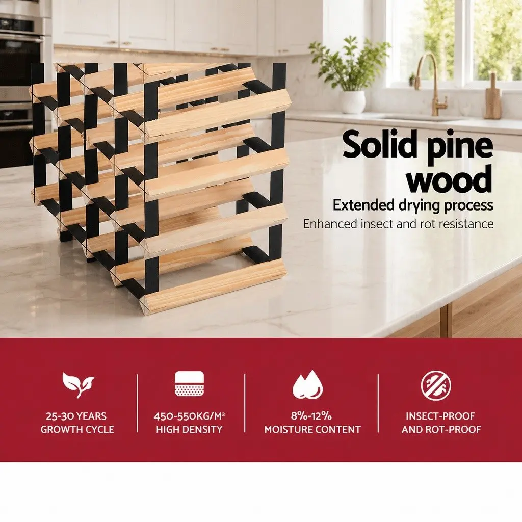 Wine Rack Pine Wood Steel Frame 20 Bottle Natural