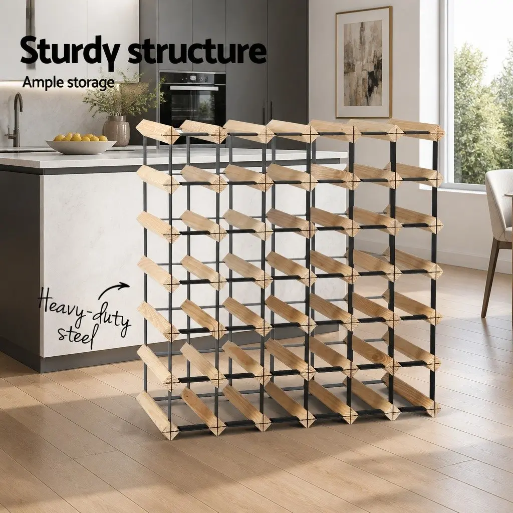 Wine Rack Pine Wood Steel Frame 42 Bottle Storage Natural