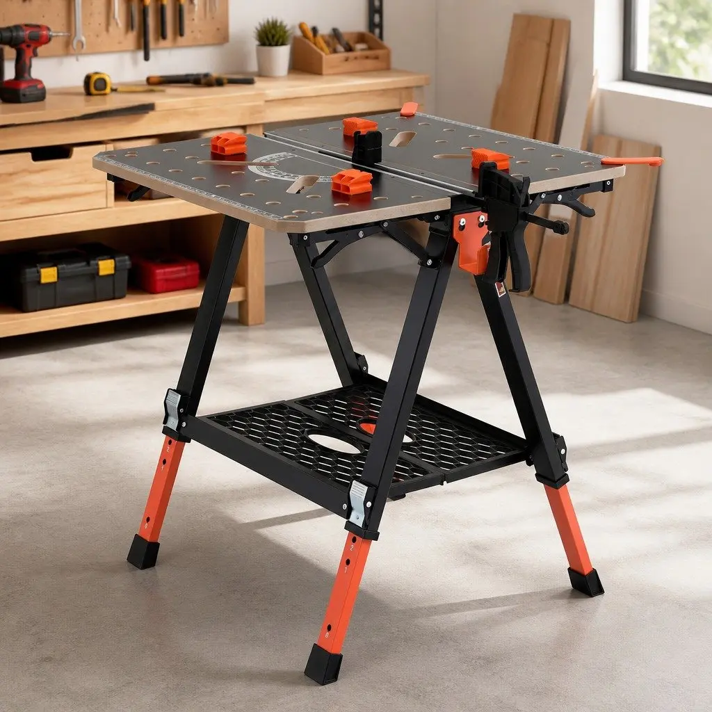 Portable Folding Work Table Steel Adjustable Height Black Orange