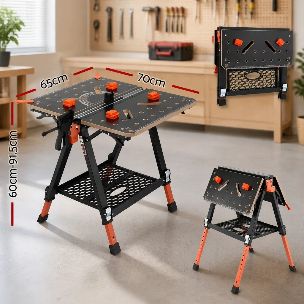 Portable Folding Work Table Steel Adjustable Height Black Orange
