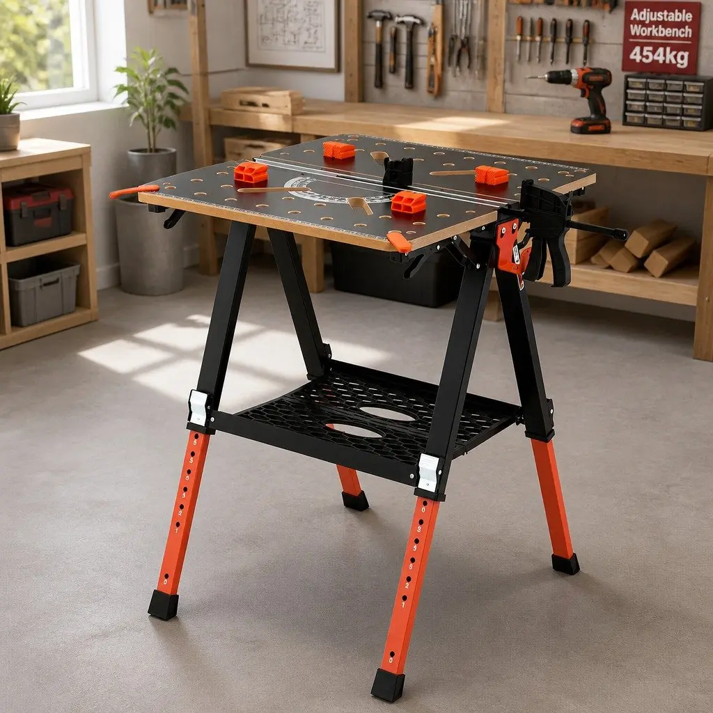 Portable Folding Work Table Steel Adjustable Height Black Orange