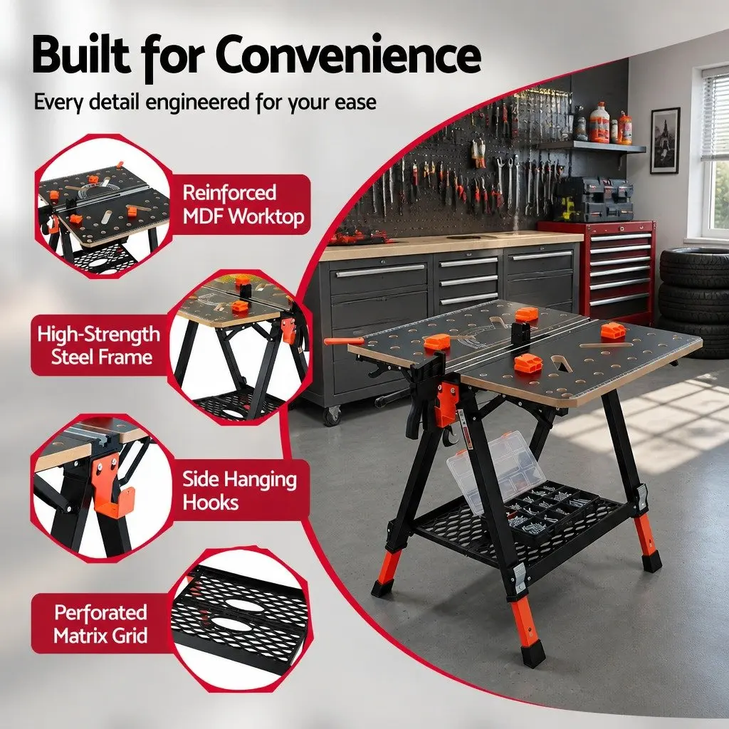 Portable Folding Work Table Steel Adjustable Height Black Orange