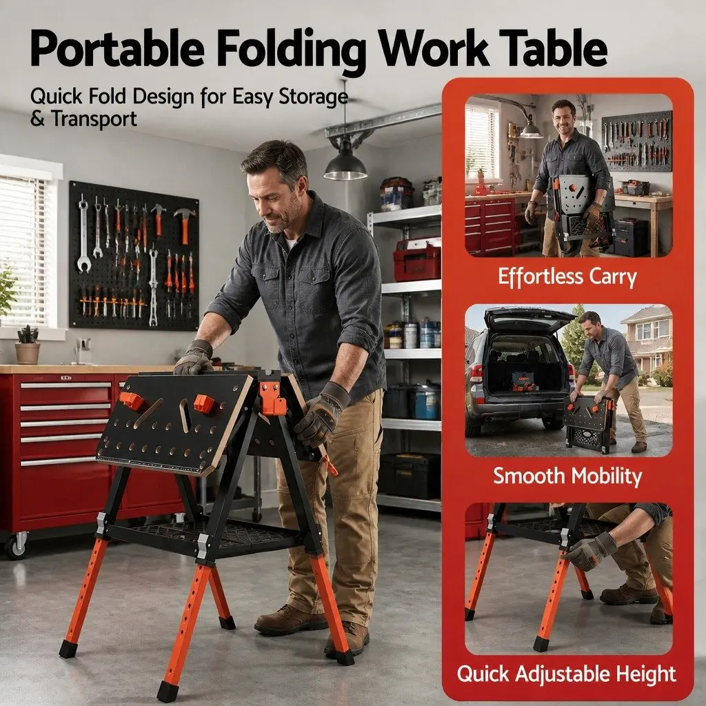 Portable Folding Work Table Steel Adjustable Height Black Orange