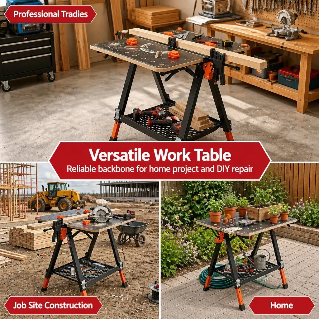Portable Folding Work Table Steel Adjustable Height Black Orange