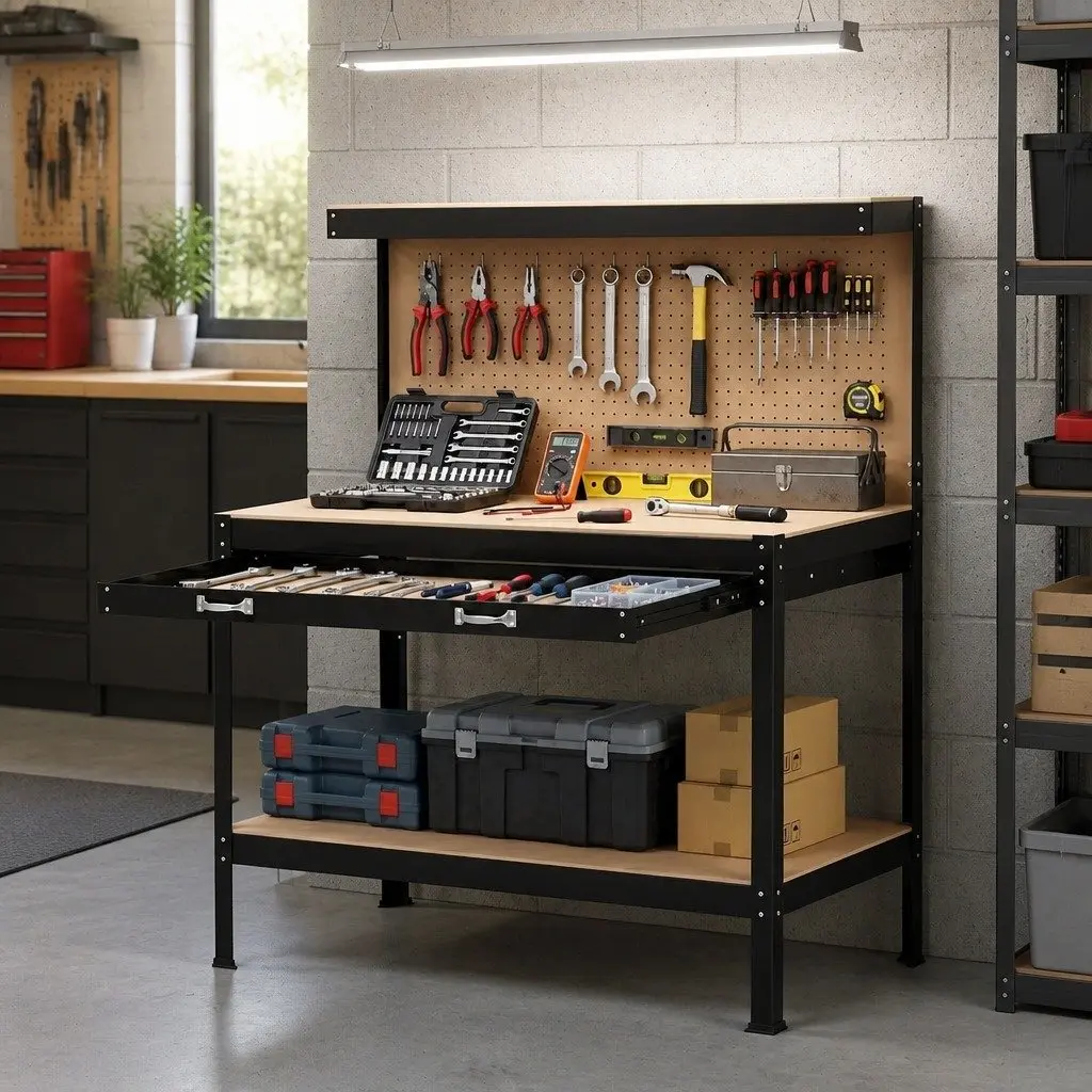 120cm Workbench with Pegboard and Wide Drawer