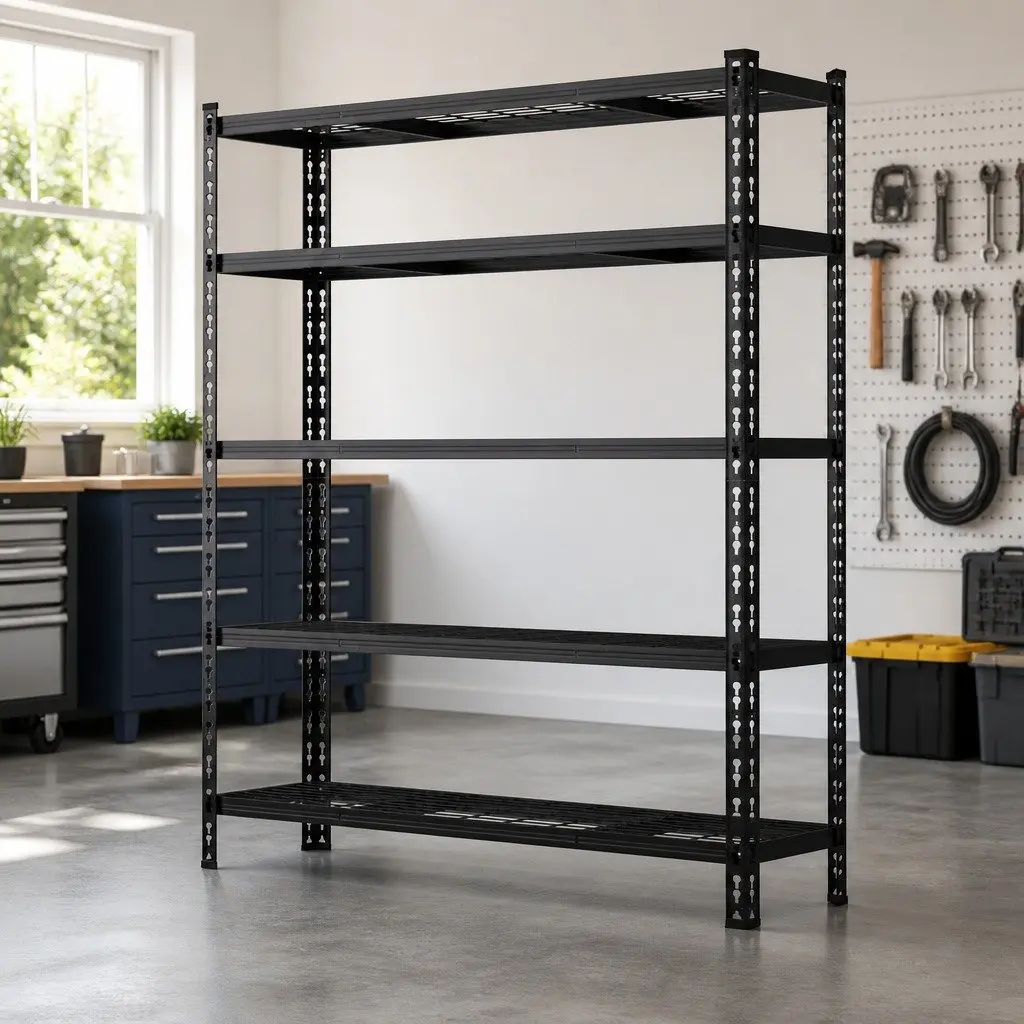5-Tier Black Steel Storage Rack for Heavy-Duty Use