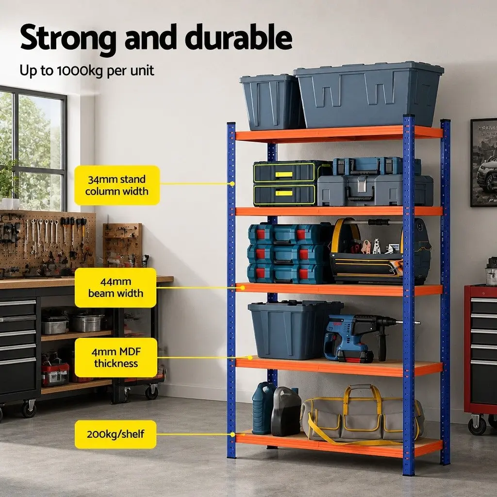 5-Tier Storage Rack Powder-Coated Steel MDF 90 x 40 x 180cm Orange Blue
