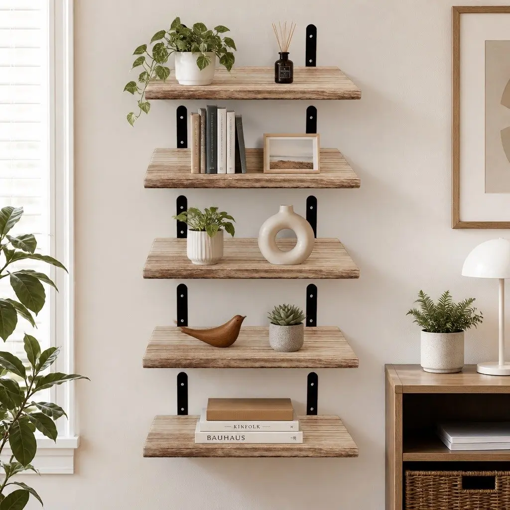 Floating Wall Shelves 5Pcs Wood Wall Mounted Storage Display Rack Bedroom