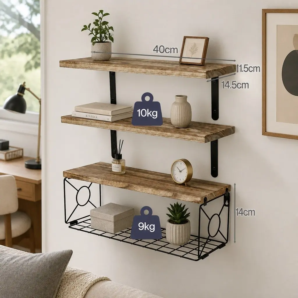 Floating Wall Shelves Set Paulownia Wood 3 Piece Brown