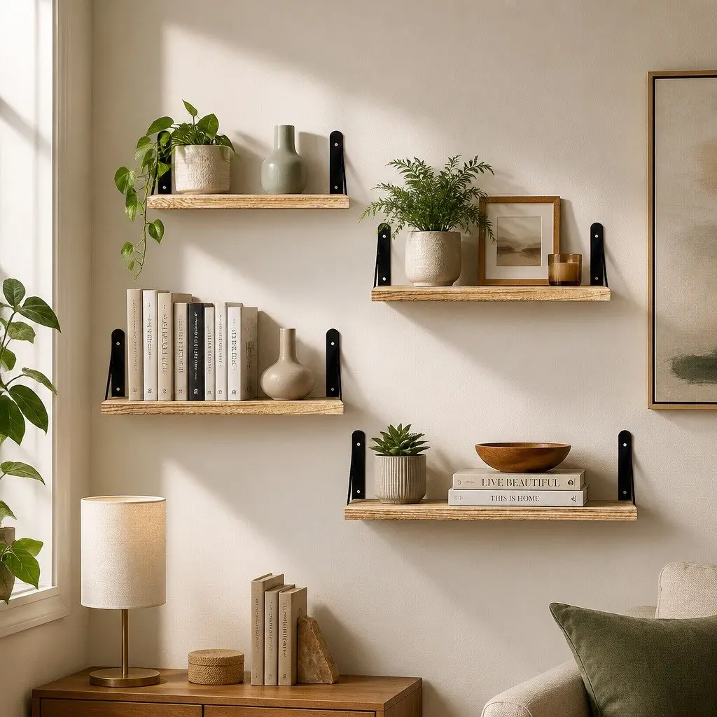 Floating Wall Shelves 4Pcs Rustic Wood Storage Display Rack Bookshelf Set