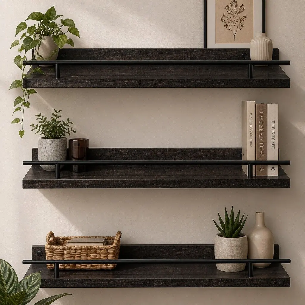 Floating Wall Shelves Paulownia Wood Black 40cm L x 14.5cm W x 4.5cm H Set of 3 Wall Mounted Storage Display Rack with Guard Rail