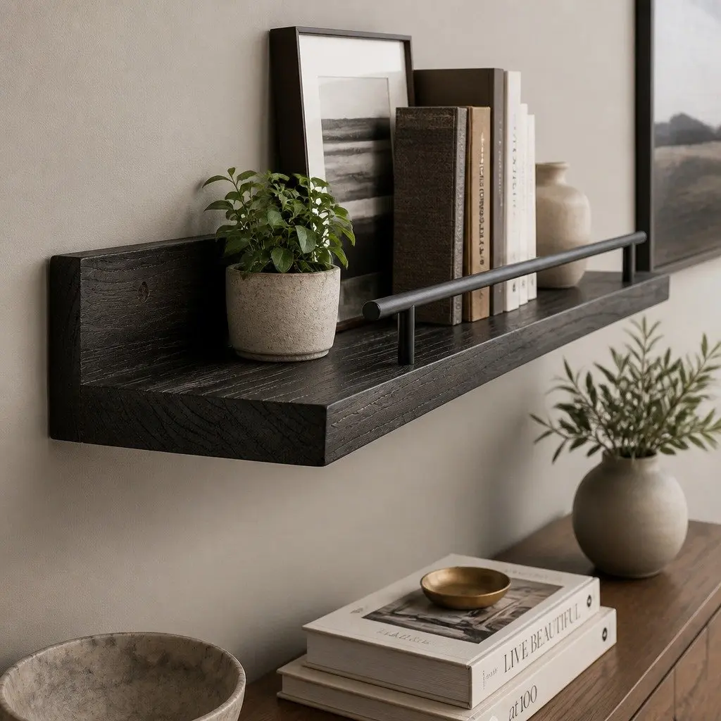 Floating Wall Shelves Paulownia Wood Black 40cm L x 14.5cm W x 4.5cm H Set of 3 Wall Mounted Storage Display Rack with Guard Rail