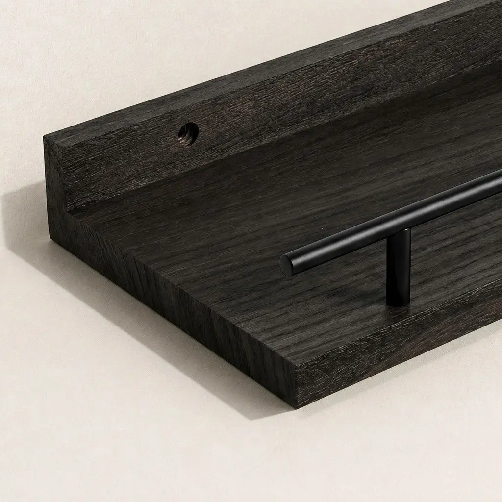 Floating Wall Shelves Paulownia Wood Black 40cm L x 14.5cm W x 4.5cm H Set of 3 Wall Mounted Storage Display Rack with Guard Rail