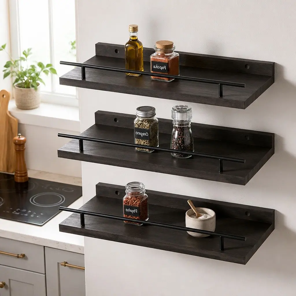 Floating Wall Shelves Paulownia Wood Black 40cm L x 14.5cm W x 4.5cm H Set of 3 Wall Mounted Storage Display Rack with Guard Rail