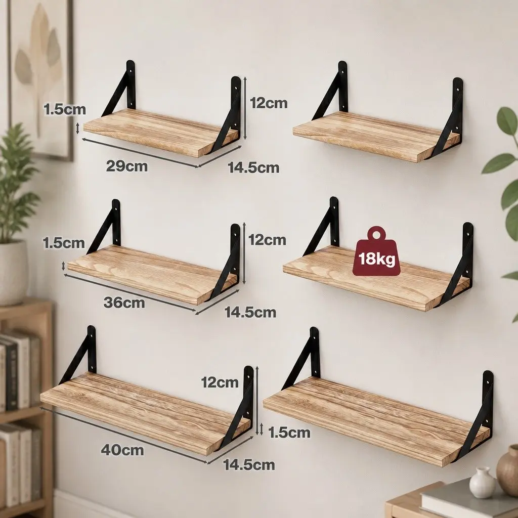 Floating Wall Shelves Paulownia Wood Set of 6 Brown