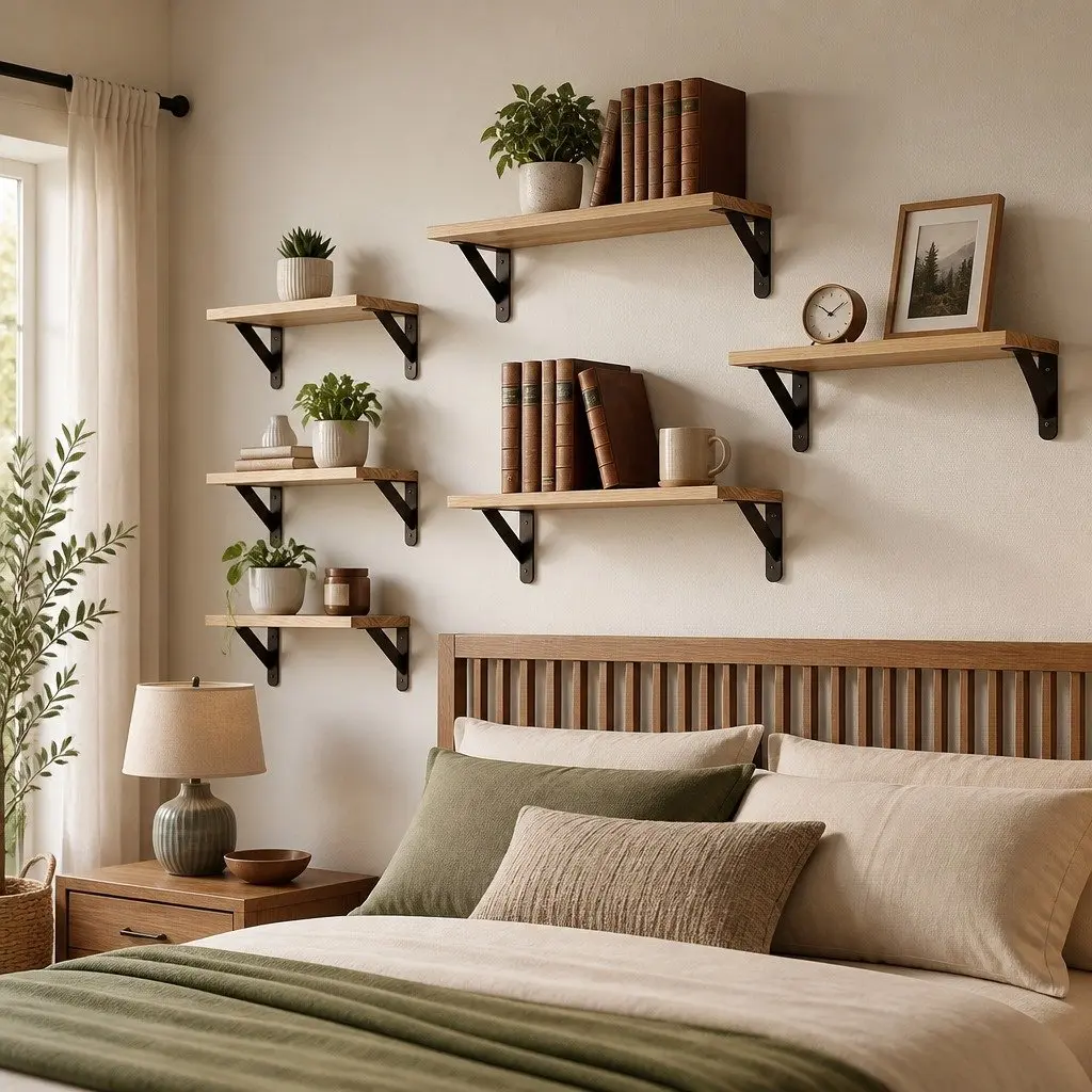 Floating Wall Shelves Paulownia Wood Set of 6 Brown