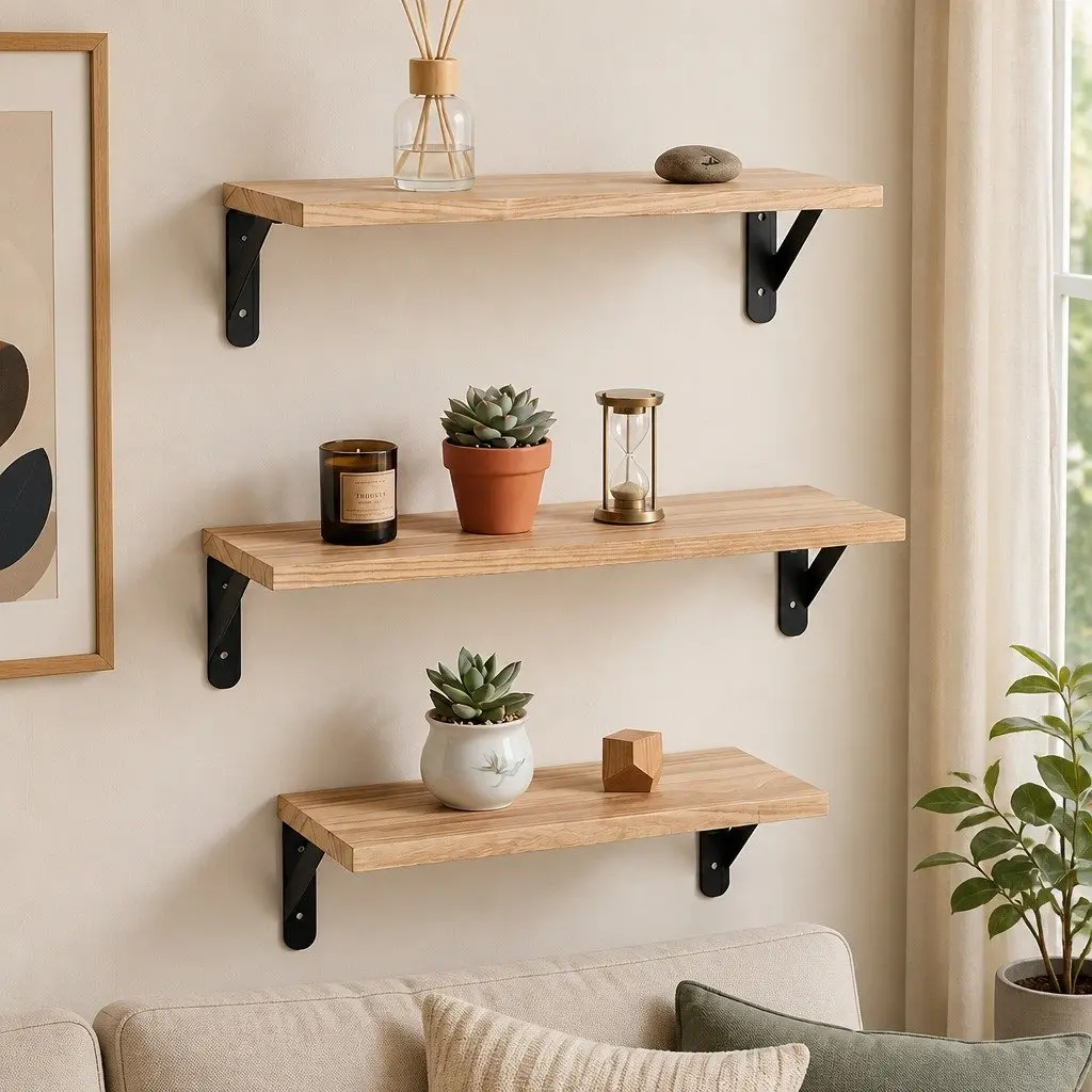 Floating Wall Shelves Paulownia Wood Set of 6 Brown