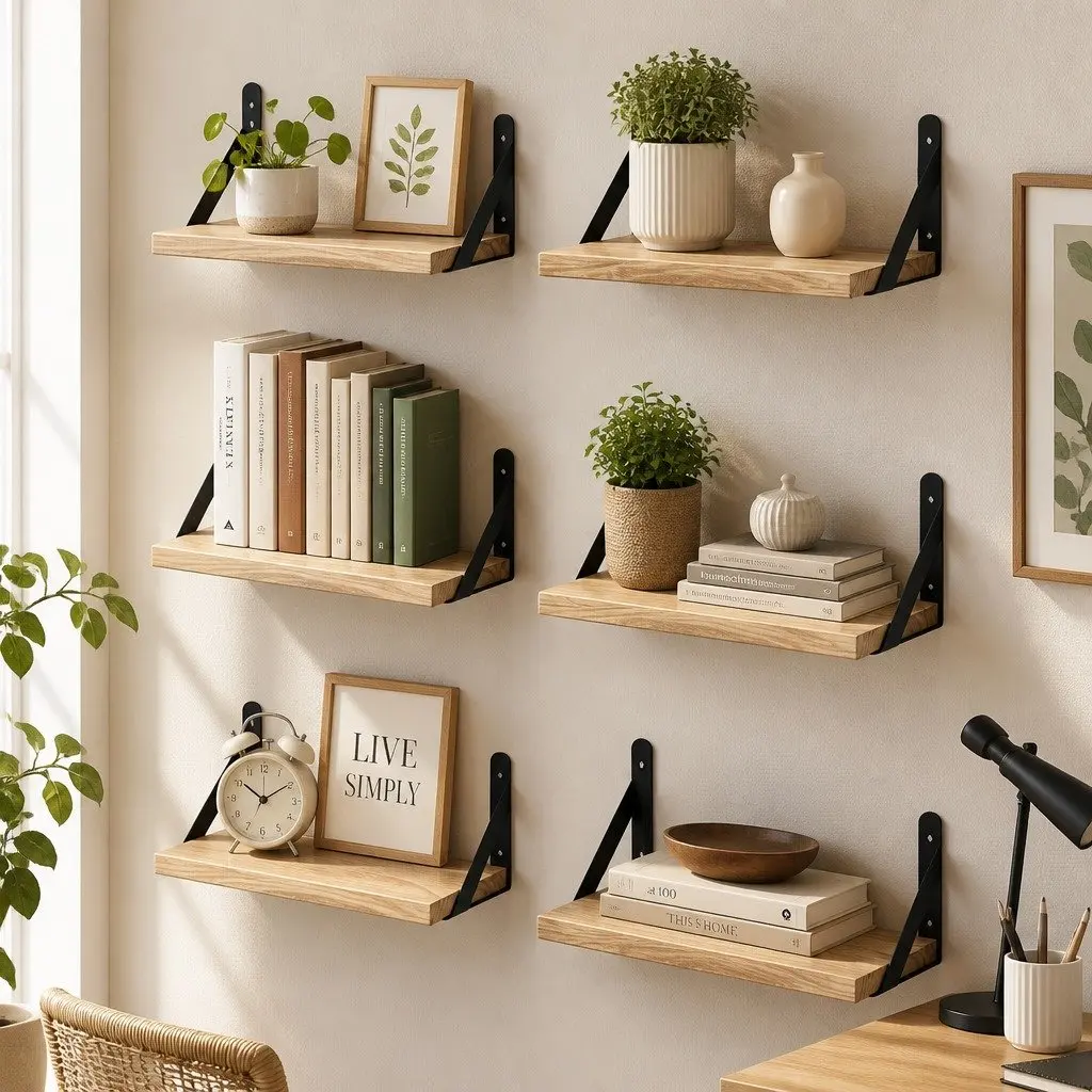 Floating Wall Shelves Paulownia Wood Set of 6 Brown