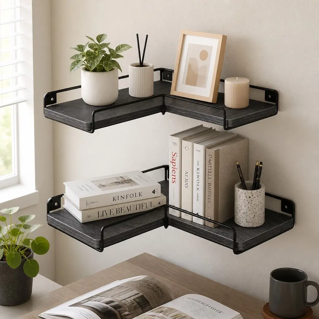 Floating Corner Wall Shelves 2Pcs DIY Storage Display Rack Bedroom Kitchen