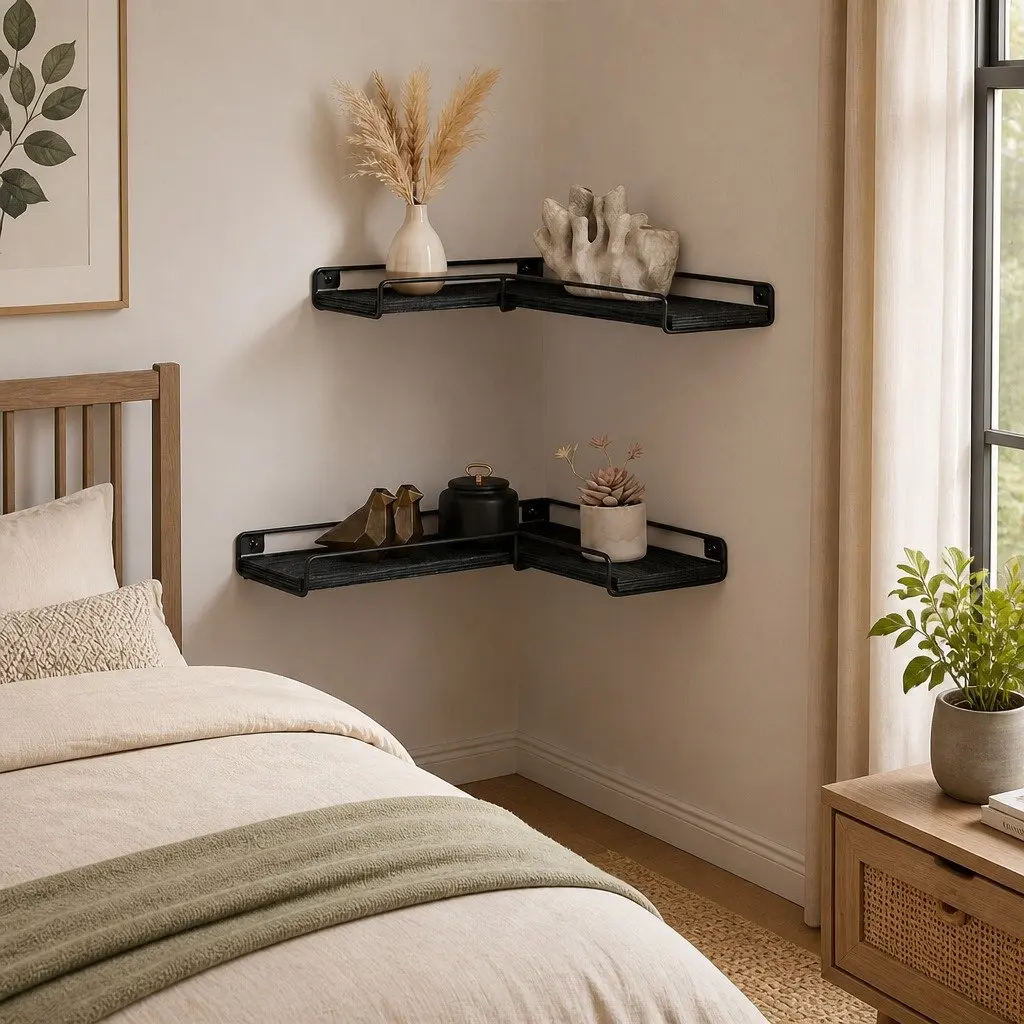 Floating Corner Wall Shelves 2Pcs DIY Storage Display Rack Bedroom Kitchen