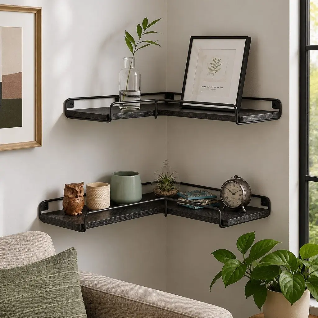 Floating Corner Wall Shelves 2Pcs DIY Storage Display Rack Bedroom Kitchen