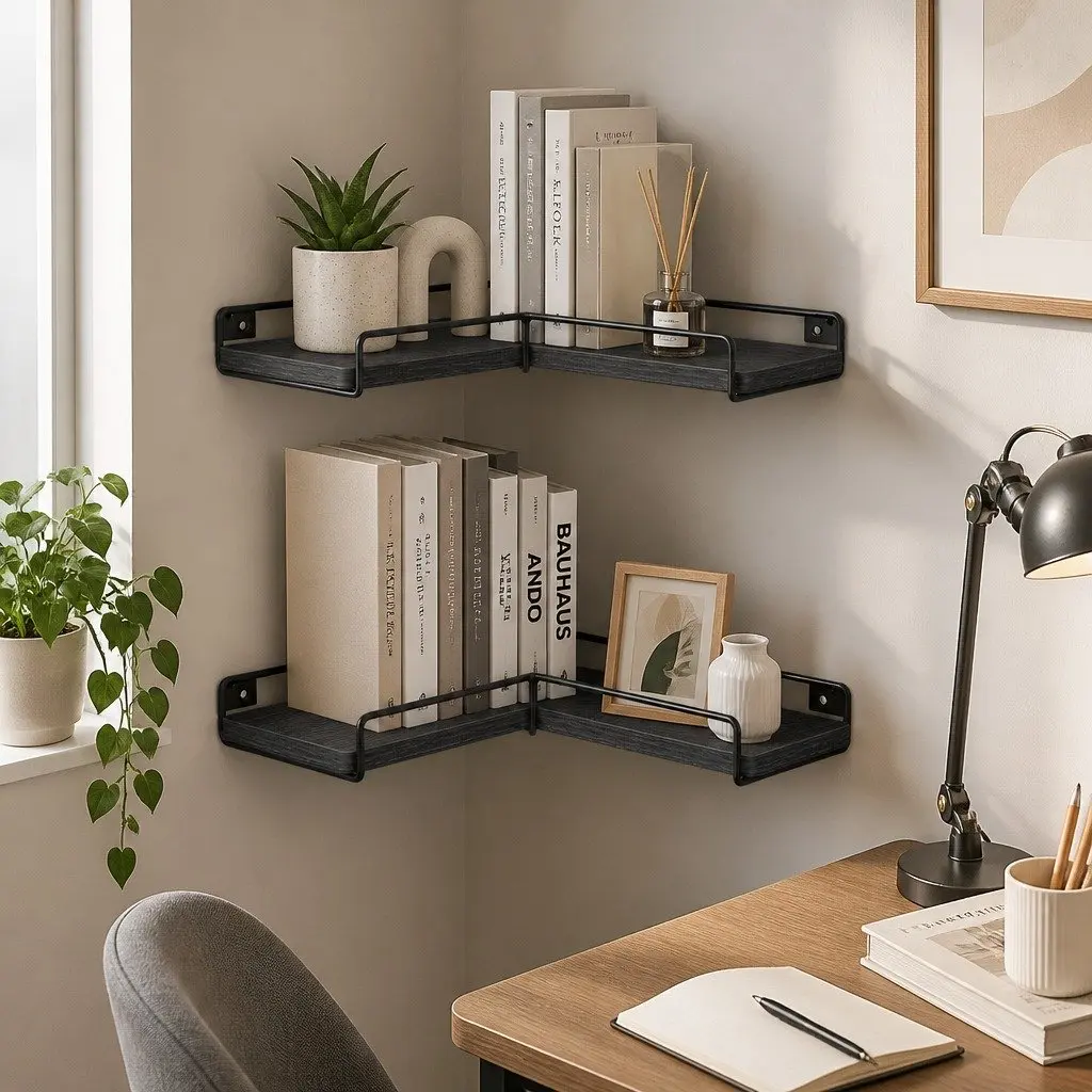 Floating Corner Wall Shelves 2Pcs DIY Storage Display Rack Bedroom Kitchen