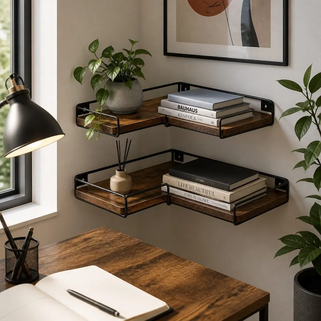 Floating Corner Wall Shelf Particle Board Iron Frame L-Shape Rustic Brown 2 Piece