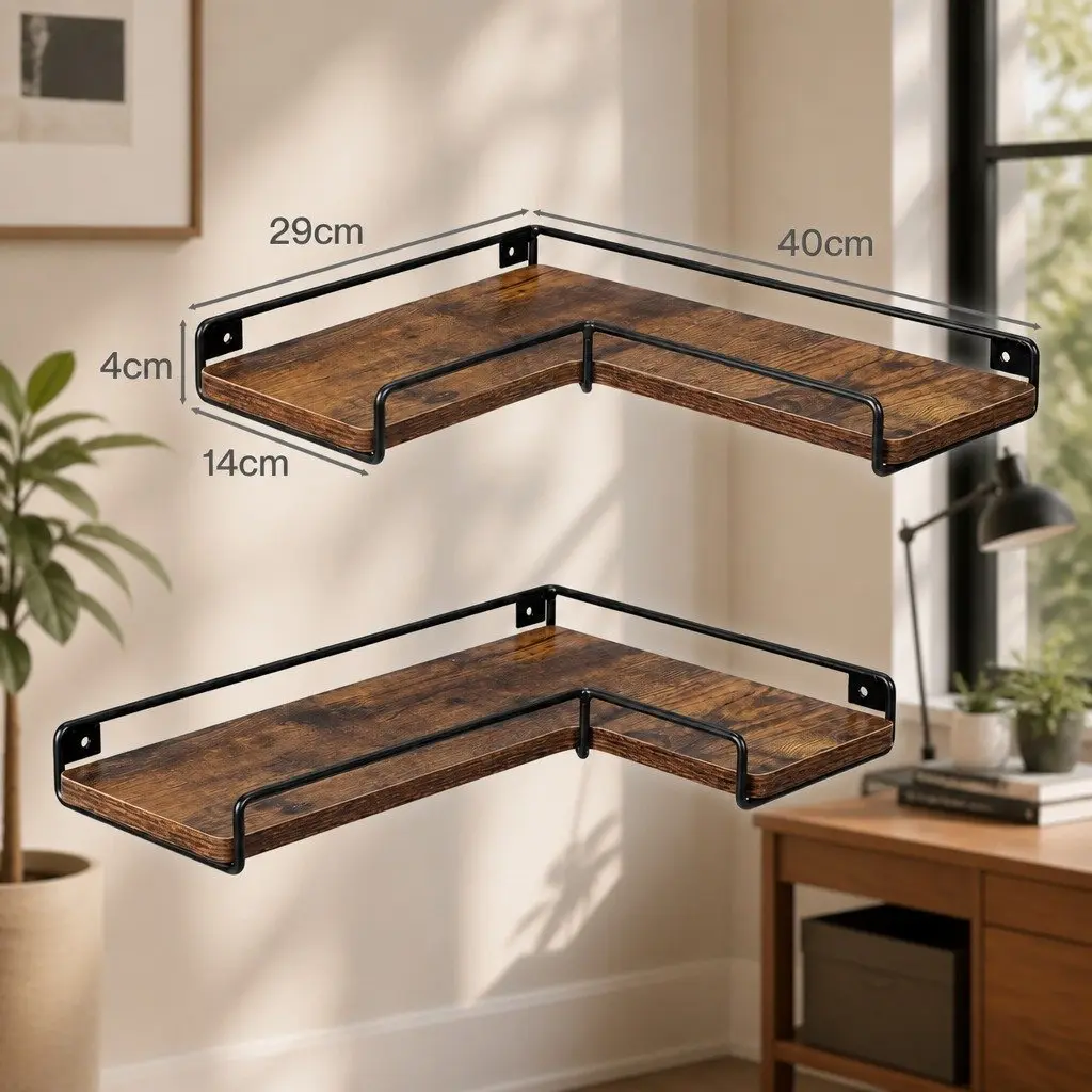 Floating Corner Wall Shelf Particle Board Iron Frame L-Shape Rustic Brown 2 Piece