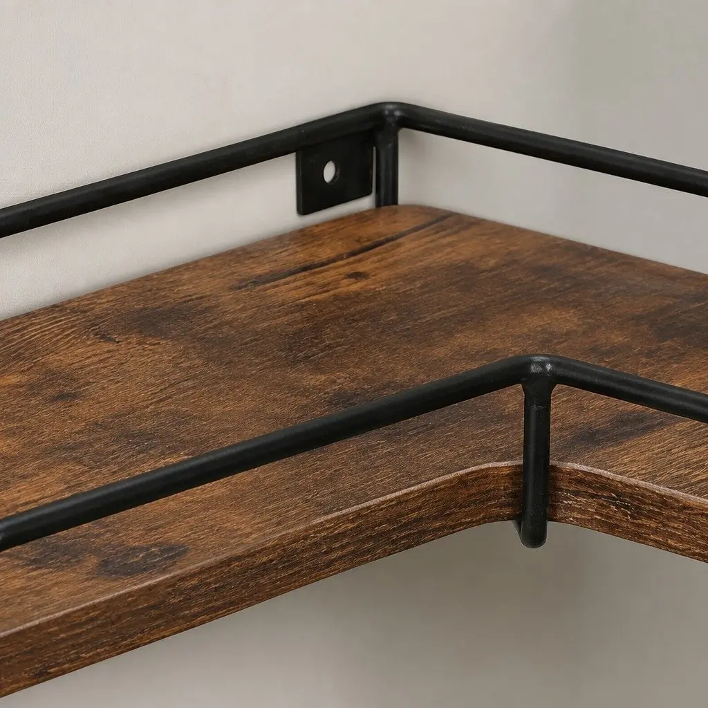 Floating Corner Wall Shelf Particle Board Iron Frame L-Shape Rustic Brown 2 Piece